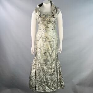 VICTOR COSTA Vintage Size M Silver Black Gold Rayon Blend Marbled Evening Gown